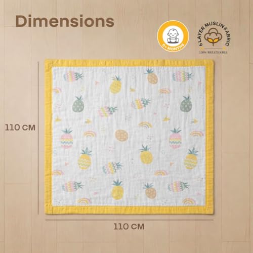 VOIDROP 6 Layer Muslin Cotton Blanket for Newborn Baby Soft Breathable Lightweight All-Season Swaddle for Cuddling for Nap Time 110x110 cm (0-2 Years) Yellow Pineapple Print - Image 4