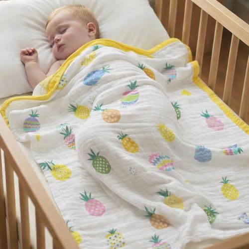 VOIDROP 6 Layer Muslin Cotton Blanket for Newborn Baby Soft Breathable Lightweight All-Season Swaddle for Cuddling for Nap Time 110x110 cm (0-2 Years) Yellow Pineapple Print - Image 5
