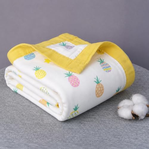 VOIDROP 6 Layer Muslin Cotton Blanket for Newborn Baby Soft Breathable Lightweight All-Season Swaddle for Cuddling for Nap Time 110x110 cm (0-2 Years) Yellow Pineapple Print - Image 1