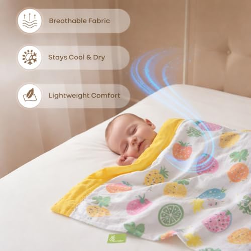 VOIDROP 6 Layer Muslin Cotton Blanket for Newborn Baby Soft Breathable Lightweight All-Season Swaddle for Cuddling for Nap Time 110x110 cm (0-2 Years) Yellow Pineapple Print - Image 2