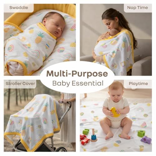 VOIDROP 6 Layer Muslin Cotton Blanket for Newborn Baby Soft Breathable Lightweight All-Season Swaddle for Cuddling for Nap Time 110x110 cm (0-2 Years) Yellow Pineapple Print - Image 3