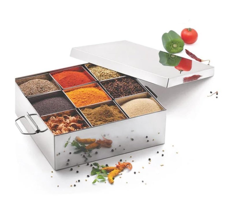 PAUL SONS Stainless Steel Commercial Masala PetiSpice BoxMasala DabbaSpice Box SizeL13 x B13 x D41 Medium 9 Compartment Silver - Image 1