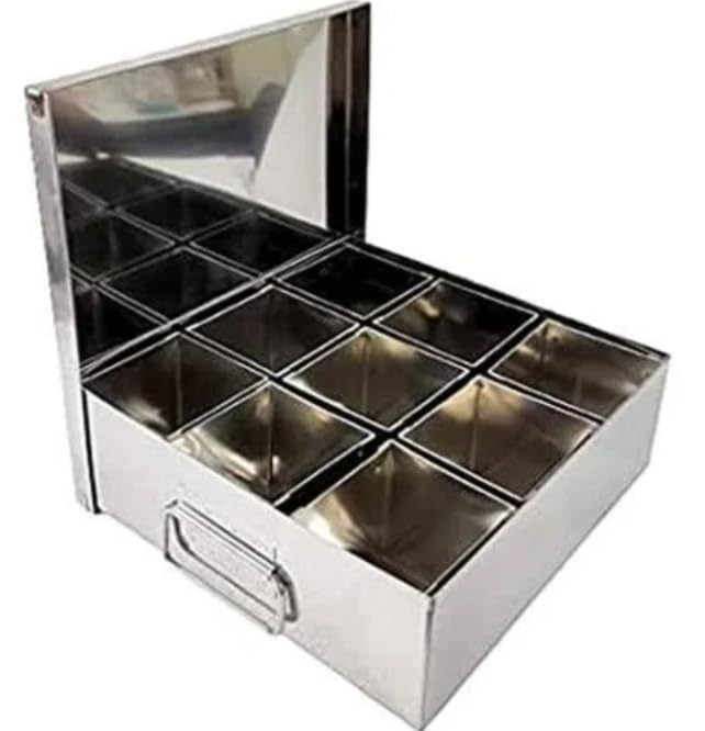 PAUL SONS Stainless Steel Commercial Masala PetiSpice BoxMasala DabbaSpice Box SizeL13 x B13 x D41 Medium 9 Compartment Silver - Image 2