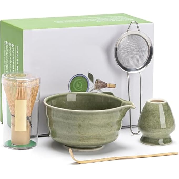 MANYUK Matcha Whisk Set Japanese Tea Bowl With Spout Bamboo Matcha Scoop Strainer Holder Matcha Whisk Kit For Matcha Tea Ceremony Green - Image 1