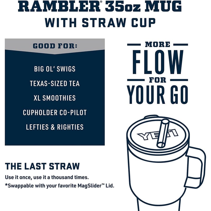 يتي yeti Rambler 35 Oz Tumbler مع مقبض وقش قش سفر ماء ماء فراغ معزول  - Image 3