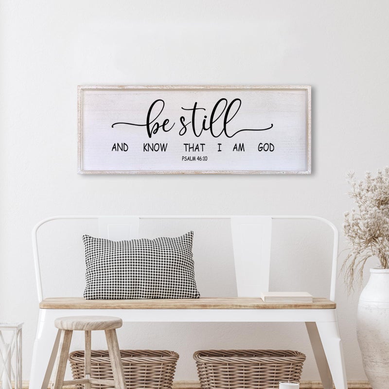 Surfapans Be Still and Know that I am God Wall Decor 40"x15" Large Farmhouse Family Living Room Vintage Religious Bible Verses Entryway Sign Wood Framed Scripture Hallway Hanging Wall Art (White) - Image 3
