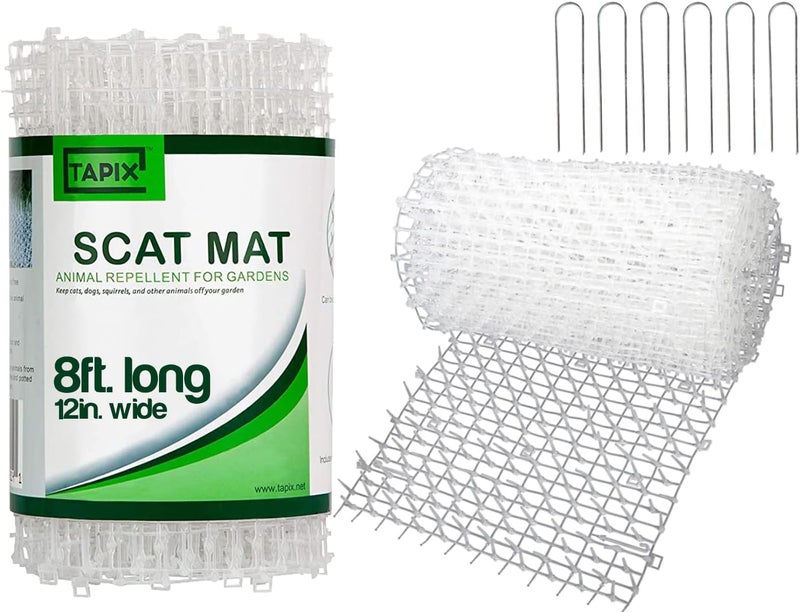 TAPIX Cat Scat Mat Clear (8 ft.) with 6 Staples, Anti-cat Network with Spikes Digging Stopper - Cat Deterrent Mat for Indoor and Outdoor - Image 1