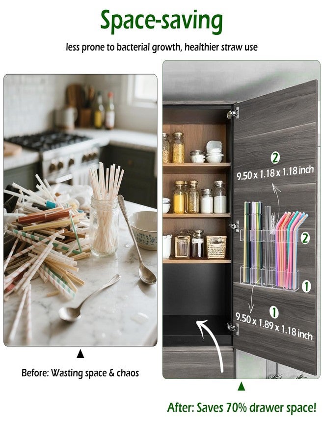 Silcpall 9.5” Large Acrylic Straw Holder for Cabinet Door - Ultra Sticky Adhesive Squares, Reusable Adjustable Organizer for Straws, Fits Kitchen Counter, Cupboard, Storage Dispenser（Transparent） (1 PACK) - Image 2