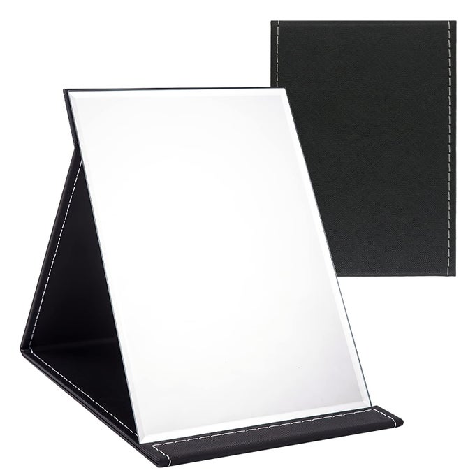 16X12CM PORTABLE FOLDING MIRROR SUPER HD COMPACT MAKEUP BLACK PU LEATHER TRAVEL FREE STANDING VANITY TABLETOP FOLDABLE