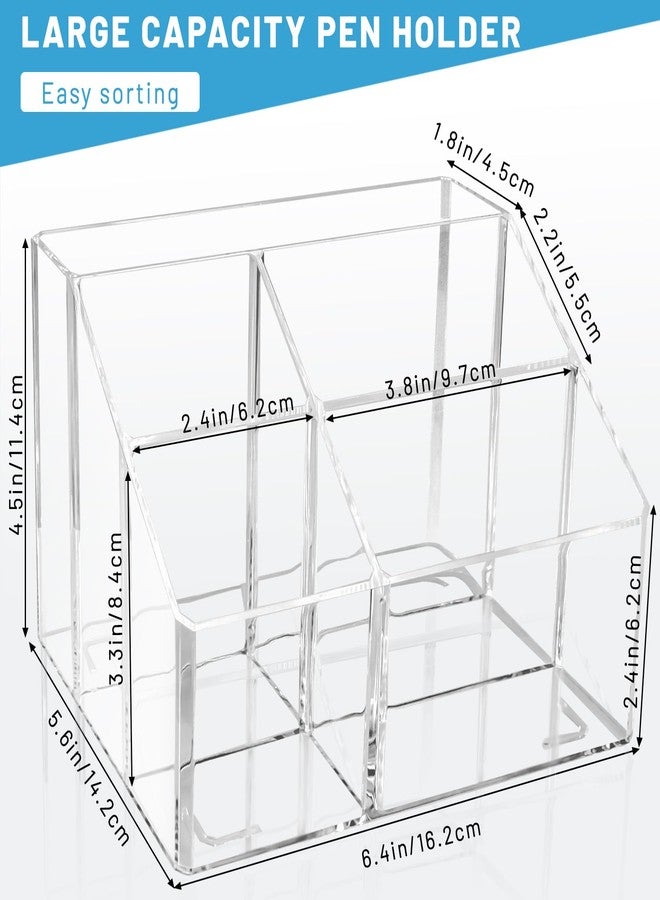 Realand Acrylic Pen Holder for Desk, 5 Compartments Clear Makeup Brush Holder Organizer, Clear Desk Organizer for Pencil Marker Office Supplies Card Sticky Notes - Image 2