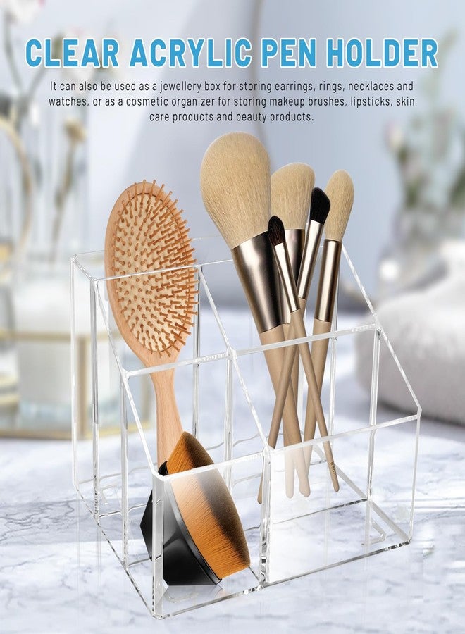 Realand Acrylic Pen Holder for Desk, 5 Compartments Clear Makeup Brush Holder Organizer, Clear Desk Organizer for Pencil Marker Office Supplies Card Sticky Notes - Image 4