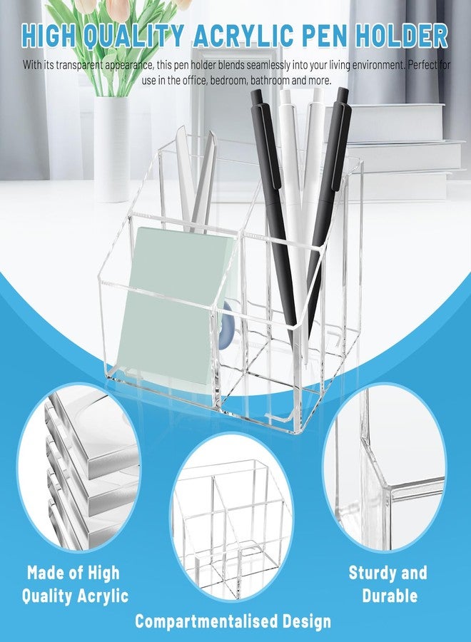 Realand Acrylic Pen Holder for Desk, 5 Compartments Clear Makeup Brush Holder Organizer, Clear Desk Organizer for Pencil Marker Office Supplies Card Sticky Notes - Image 3