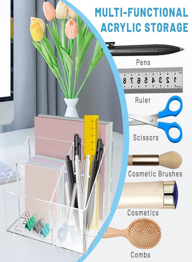 Realand Acrylic Pen Holder for Desk, 5 Compartments Clear Makeup Brush Holder Organizer, Clear Desk Organizer for Pencil Marker Office Supplies Card Sticky Notes - Image 5