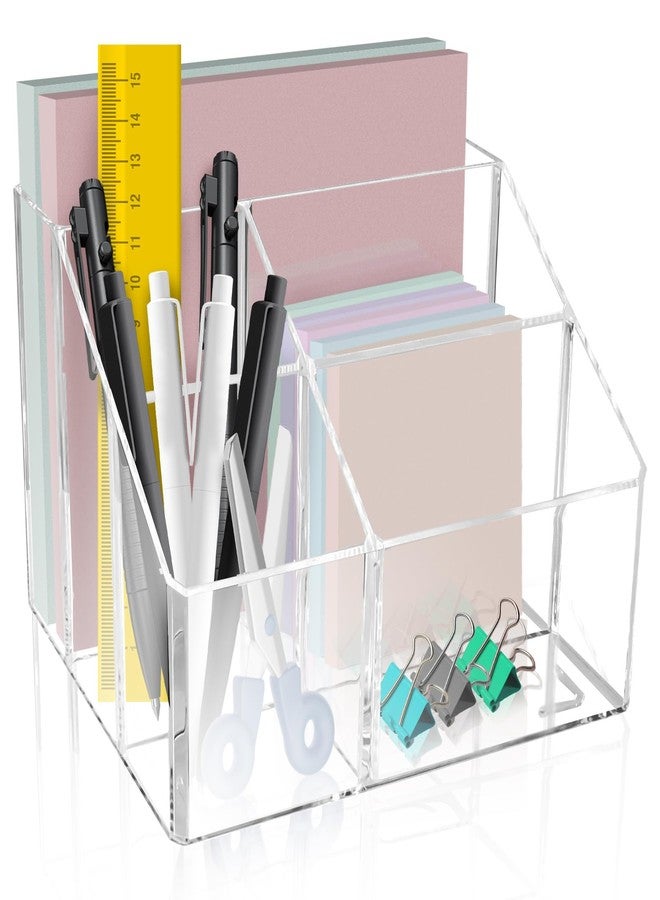 Realand Acrylic Pen Holder for Desk, 5 Compartments Clear Makeup Brush Holder Organizer, Clear Desk Organizer for Pencil Marker Office Supplies Card Sticky Notes - Image 1