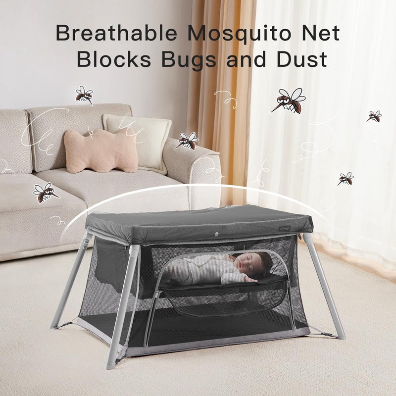Gromast 2 in 1 Portable Travel Crib for Toddler, Foldable Crib for Baby, Lightweight Playpen Collapsible Playard with Soft Mattress, Easy to Carry Baby Travel Bed for Outdoor, Indoor (Grey) - Image 4