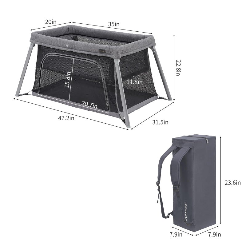 Gromast 2 in 1 Portable Travel Crib for Toddler, Foldable Crib for Baby, Lightweight Playpen Collapsible Playard with Soft Mattress, Easy to Carry Baby Travel Bed for Outdoor, Indoor (Grey) - Image 2