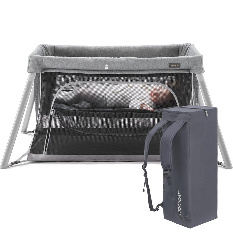 Gromast 2 in 1 Portable Travel Crib for Toddler, Foldable Crib for Baby, Lightweight Playpen Collapsible Playard with Soft Mattress, Easy to Carry Baby Travel Bed for Outdoor, Indoor (Grey) - Image 1
