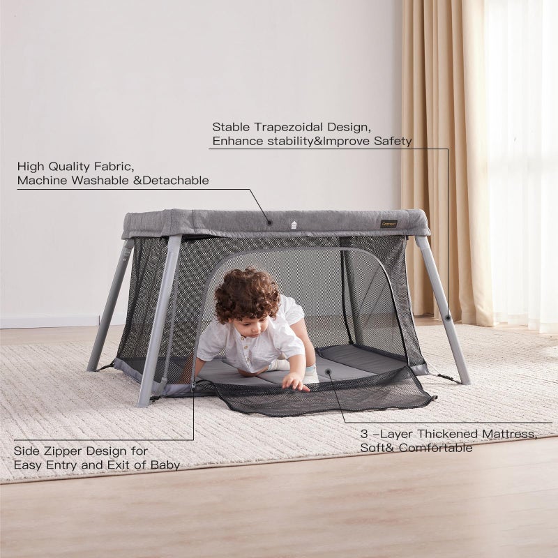 Gromast 2 in 1 Portable Travel Crib for Toddler, Foldable Crib for Baby, Lightweight Playpen Collapsible Playard with Soft Mattress, Easy to Carry Baby Travel Bed for Outdoor, Indoor (Grey) - Image 5