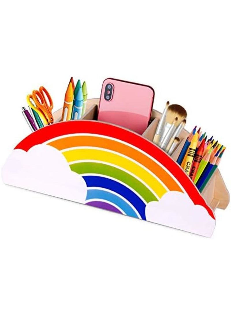 Luckam Wooden Pen Holder & Pencil Holders - Rainbow Supply Caddy Phone Holder Desk Organizer for Office Supplies Makeup Brush Classroom Organization for Women & Kids - Image 1