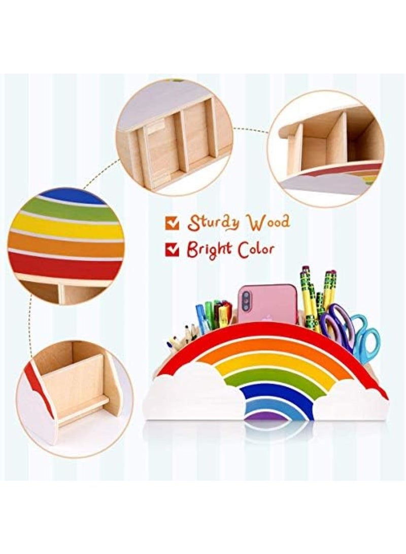 Luckam Wooden Pen Holder & Pencil Holders - Rainbow Supply Caddy Phone Holder Desk Organizer for Office Supplies Makeup Brush Classroom Organization for Women & Kids - Image 2