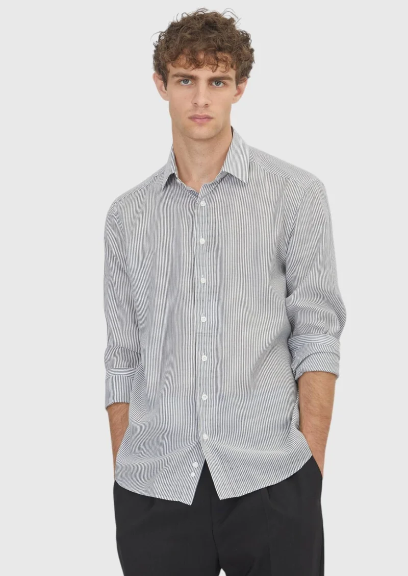 RAMSEY Black Striped Casual Fit Long Weaving Casual Cotton Blended Shirt