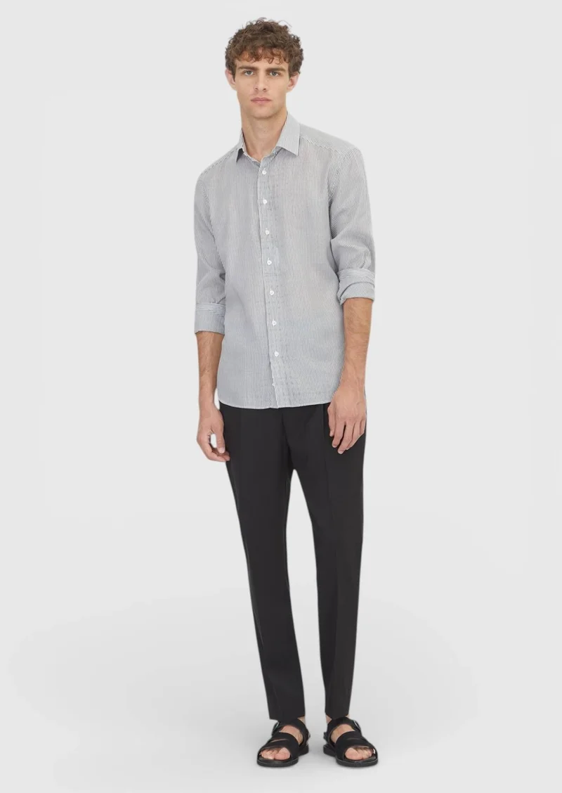 رامسي قميص قطني طويل مخطط باللون الأسود، بقصة كاجوال مريحة