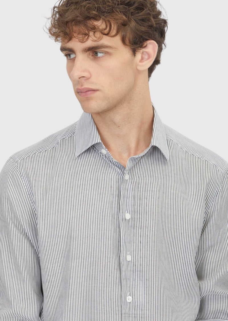 RAMSEY Black Striped Casual Fit Long Weaving Casual Cotton Blended Shirt - Image 4