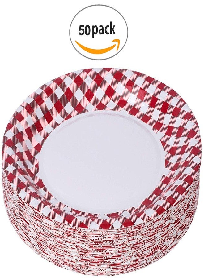 Hammont Picnic Plates - 7" Round Gingham Plate BBQ Party Supplies - Birthday | Backyard | Picnic Decorations - Red & White Checkered Disposable Paper (50 Pack) - Image 3