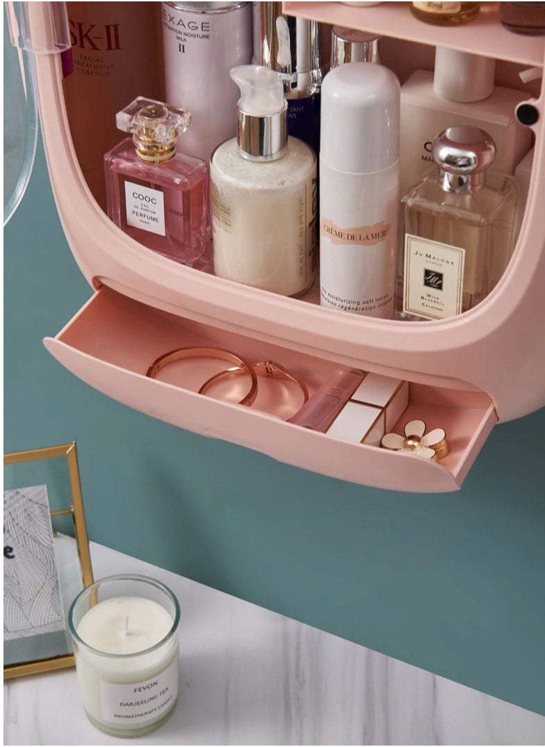 Generic - Wall-Mounted Rectangular Pink Cosmetic Storage Box Cute Makeup Organizer with Clear Magnetic Lid Cover - Image 1