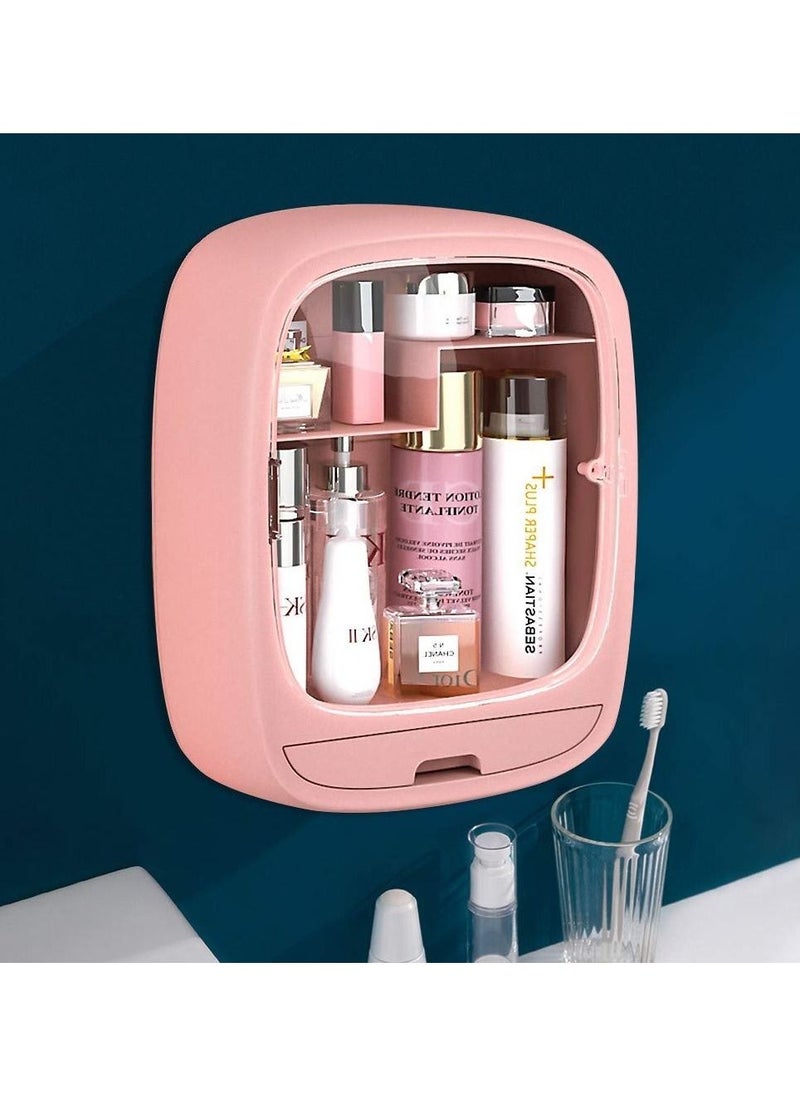 Generic - Wall-Mounted Rectangular Pink Cosmetic Storage Box Cute Makeup Organizer with Clear Magnetic Lid Cover - Image 1