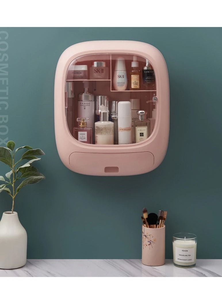 Generic - Wall-Mounted Rectangular Pink Cosmetic Storage Box Cute Makeup Organizer with Clear Magnetic Lid Cover - Image 1