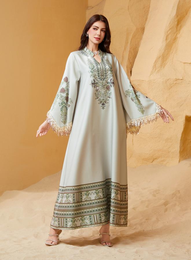Take Two Embroidered Beaded Sleeve Tassel Jalabiya - Image 5