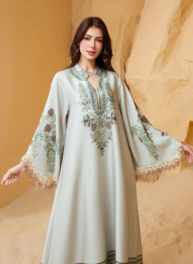 Take Two Embroidered Beaded Sleeve Tassel Jalabiya - Image 2