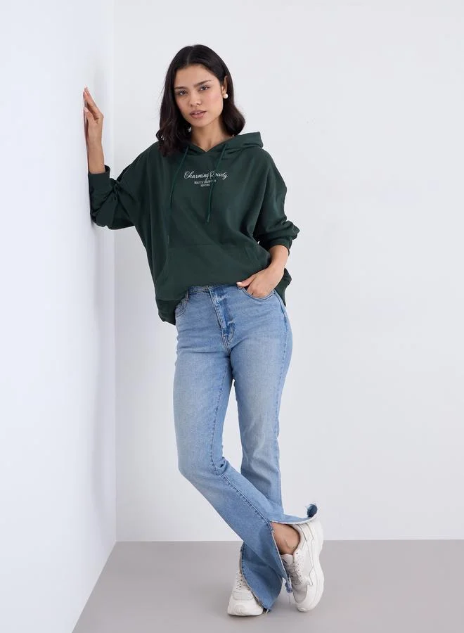 Styli Styli Dark Green Slogan Print Oversized Hoodie