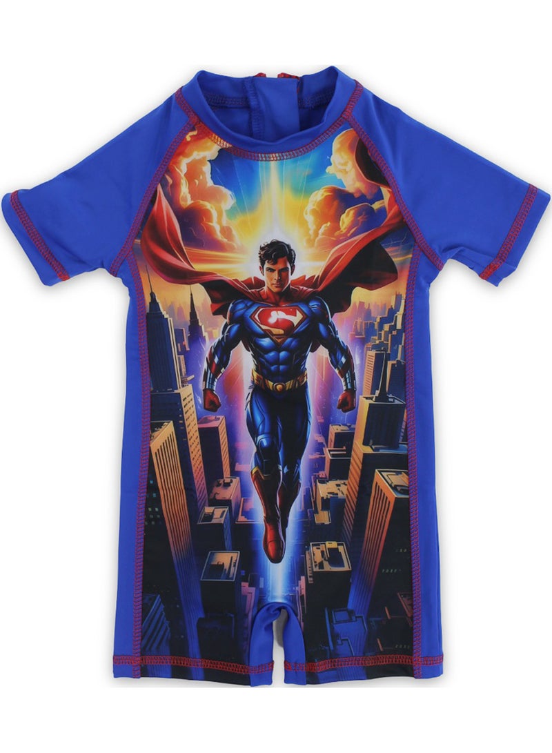 Boys Sunsuit One-Piece – Navy with Super-Man Print – Blue – 7-8y