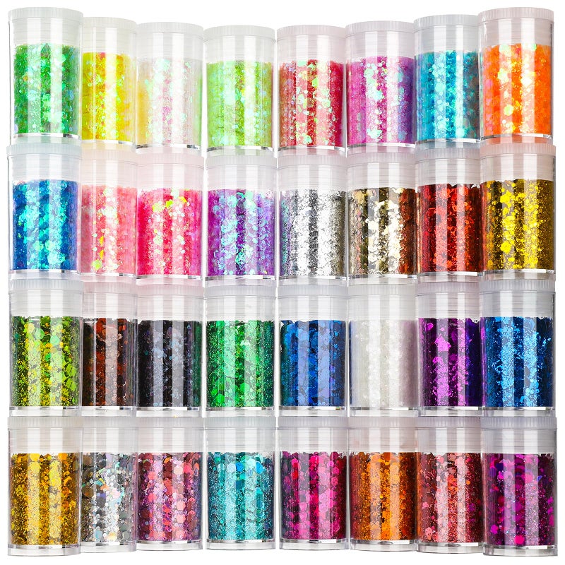 Teenitor Festival Chunky and Fine Glitter Powder Mix, Teenitor 32 Colors Chunky Sequins, Iridescent Glitter Flakes, Cosmetic Face Body Eye Hair Nail Art Resin Tumbler Loose Glitter - Image 1