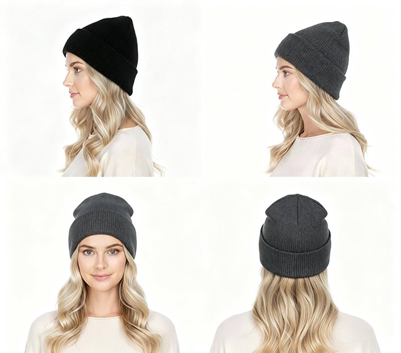 KaneLoo 2 PCS Unisex Beanie Hats for Men Women Winter Knit Satin Lined Beanies Silk Lining Soft Slouchy Warm Cuffed Beanie Hat Black DeepGrey - Image 4