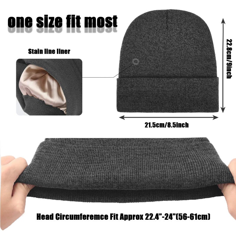 KaneLoo 2 PCS Unisex Beanie Hats for Men Women Winter Knit Satin Lined Beanies Silk Lining Soft Slouchy Warm Cuffed Beanie Hat Black DeepGrey - Image 3
