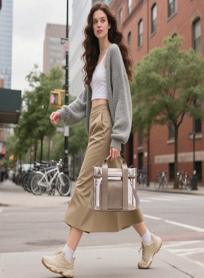 WREWING Clear Tote Bags for Women, Crossbody Bag with Adjustable Straps, Handbag with Small Purse for Travel Work Sport (Khaki) - Image 2