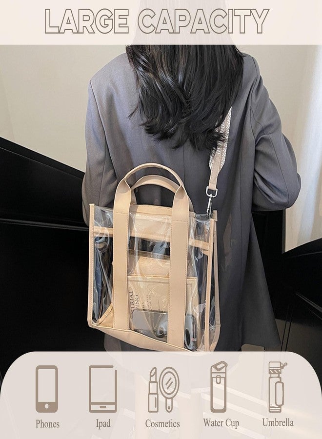 WREWING Clear Tote Bags for Women, Crossbody Bag with Adjustable Straps, Handbag with Small Purse for Travel Work Sport (Khaki) - Image 5