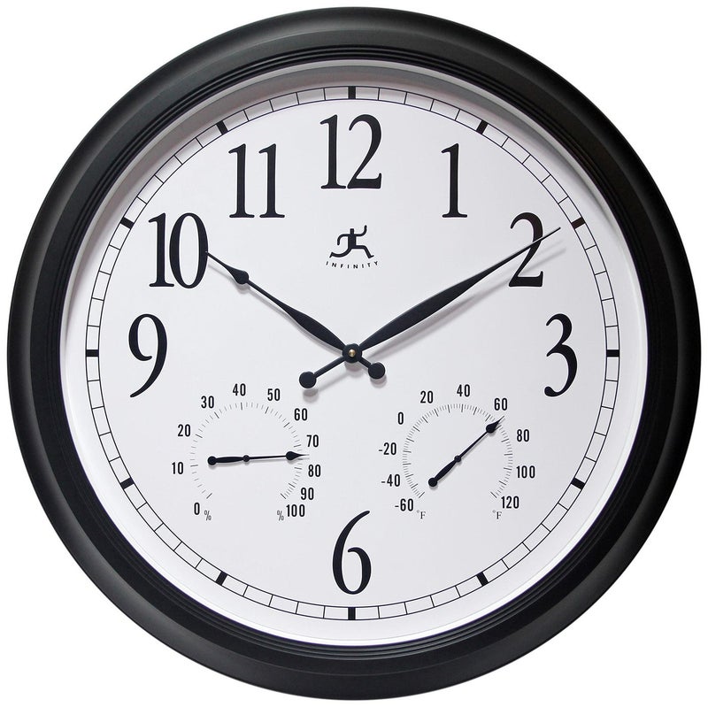 Infinity Instruments 24 inch Classic Black Wall Clock Thermometer Humidity Outdoor Round Outdoor Wall Clock Outdoor Indoor Thermometer Clock Hygrometer Great for Garage Patio Pool Outdoors