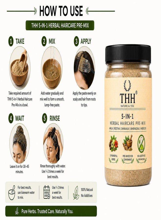 THH 5-in-1 Herbal Haircare Pre-Mix Powder with Amla, Reetha, Shikakai, Bhringraj & Hibiscus | 100% Natural Hair Pack for Growth, Strengthening & Cleansing, No Additives - Image 5