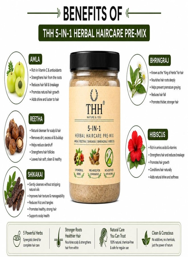 THH 5-in-1 Herbal Haircare Pre-Mix Powder with Amla, Reetha, Shikakai, Bhringraj & Hibiscus | 100% Natural Hair Pack for Growth, Strengthening & Cleansing, No Additives - Image 3