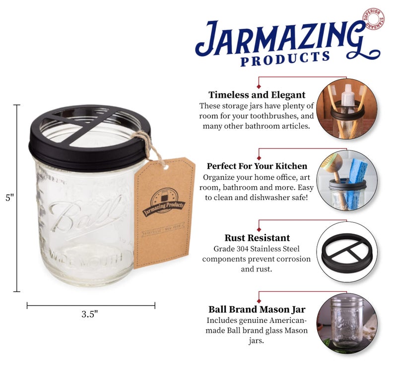 Jarmazing Products Mason Jar Toothbrush Holder - Black - with 16 Ounce Ball Mason Jar - Made from Rust-Proof Stainless Steel - Image 2