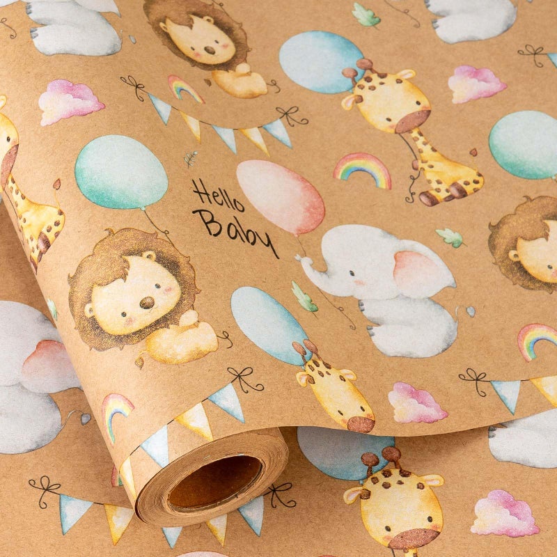Retrify Baby Shower Kraft Wrapping Paper, 17 Inch x 32.8 Feet Cute Lion Elephant Themed Colorful Balloon Rainbow Gift Wrap with Grid Cutting Lines for Boy Girl Kid Birthday - Image 1