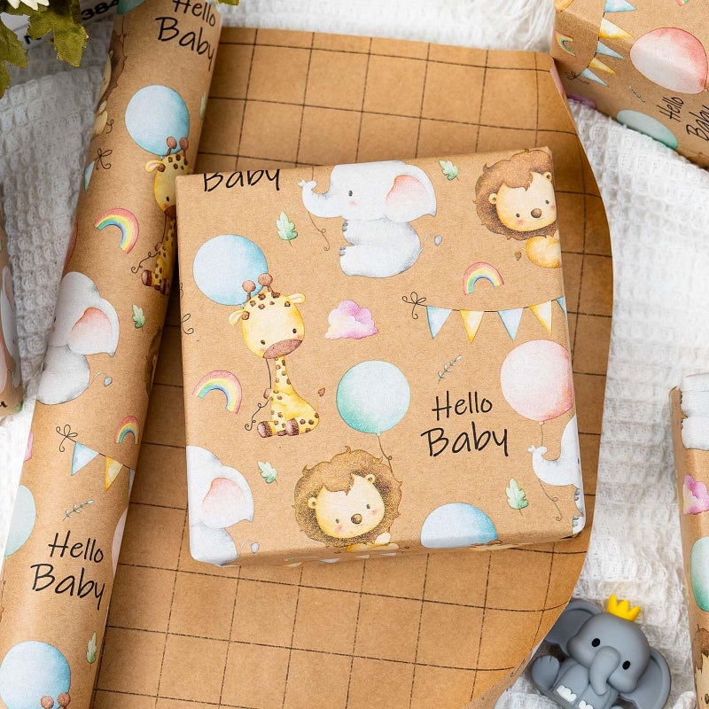 Retrify Baby Shower Kraft Wrapping Paper, 17 Inch x 32.8 Feet Cute Lion Elephant Themed Colorful Balloon Rainbow Gift Wrap with Grid Cutting Lines for Boy Girl Kid Birthday - Image 5