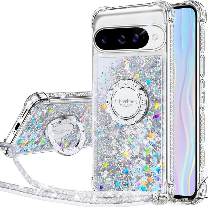 SILVERBACK for Pixel 10 Case with Ring, Moving Liquid Holographic Sparkle Glitter Case with Stand, Girls Women Bling Diamond Protective Cover for Google Pixel 10 - Purple - Image 1