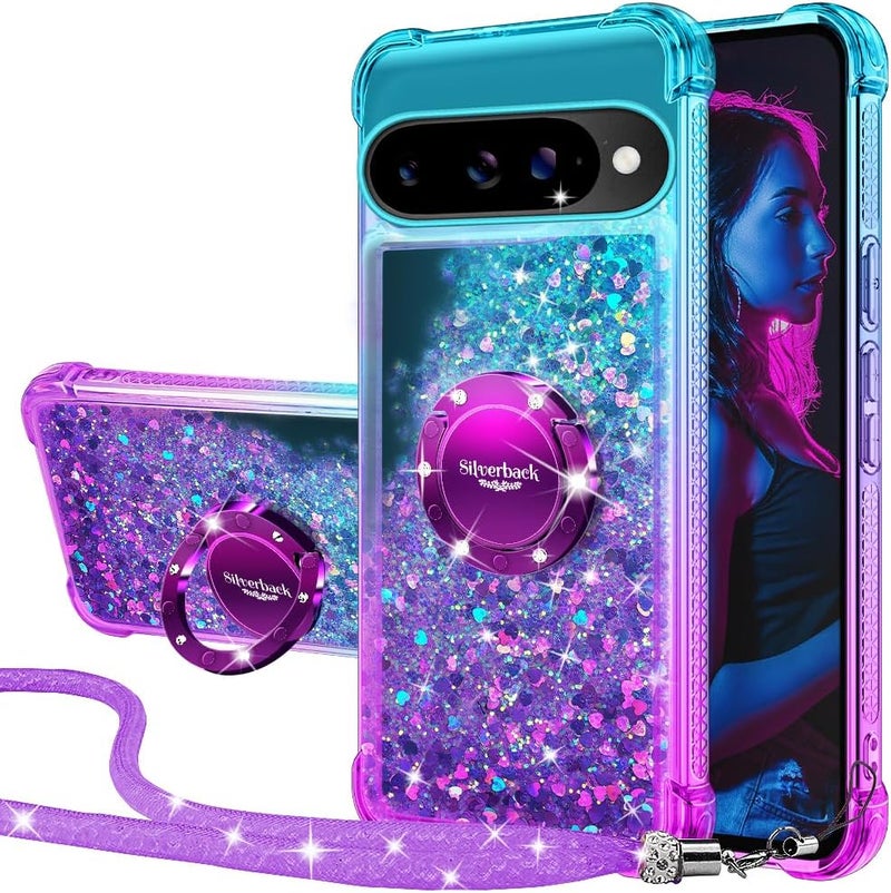 SILVERBACK for Pixel 10 Case with Ring, Moving Liquid Holographic Sparkle Glitter Case with Stand, Girls Women Bling Diamond Protective Cover for Google Pixel 10 - Purple - Image 2