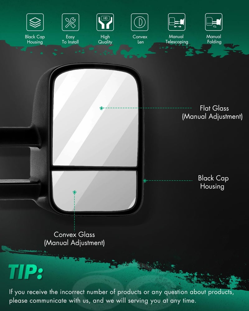 SCITOO Tow Mirrors Compatible with for 2007-2013 For Chevy Silverado For GMC Sierra 1500 2500 3500 Pickup Truck Adjusted No Heated No Turn Signal Black Housing Towing Mirrors LH RH - Image 2