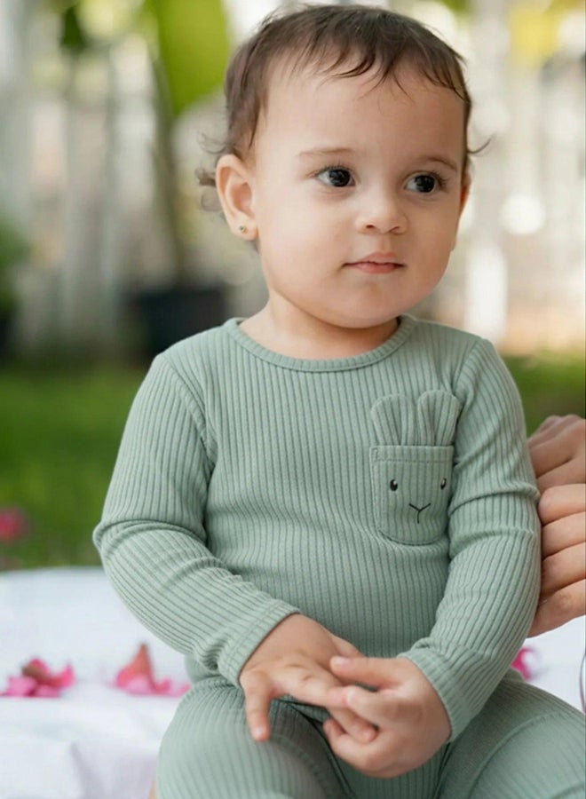 Unisex Baby Cotton Footless Onesie – Mint with Rabbit Design - Image 3